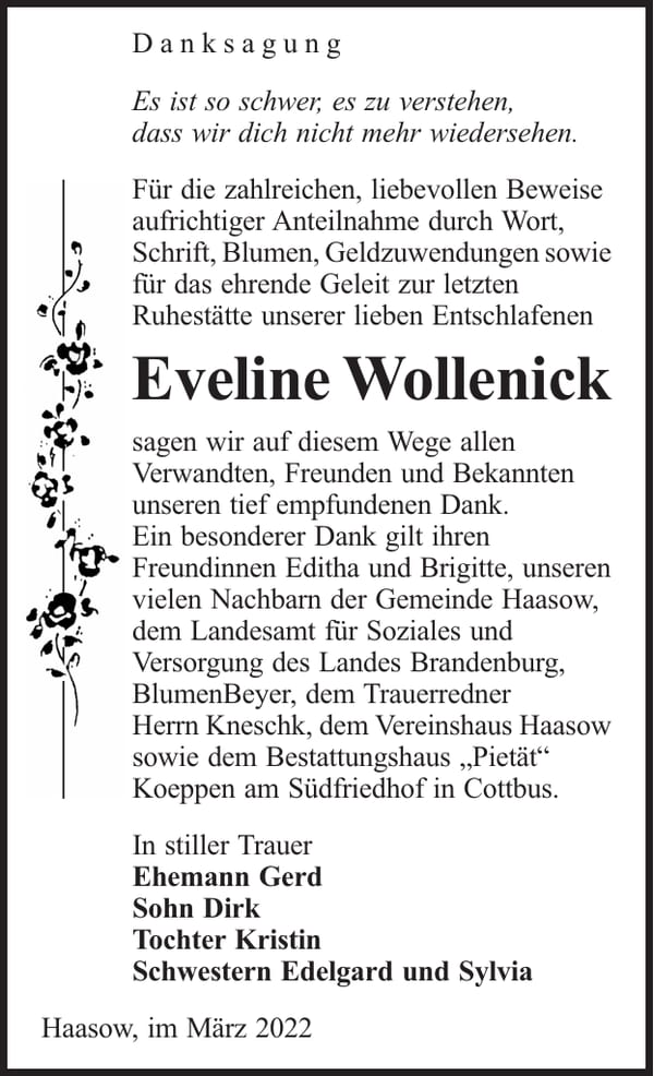 Danksagung Eveline Wollenick