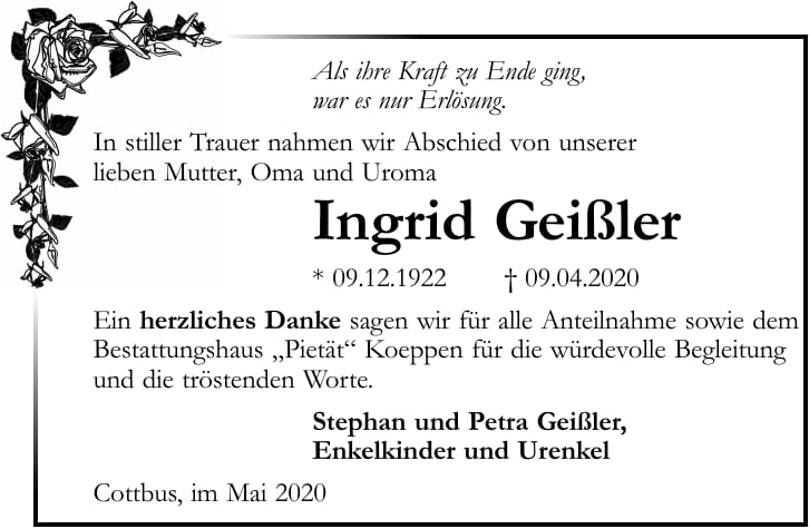 Traueranzeige Ingrid Geißler