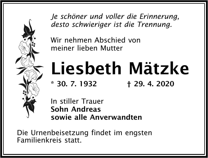 Traueranzeige Liesbeth Mätzke