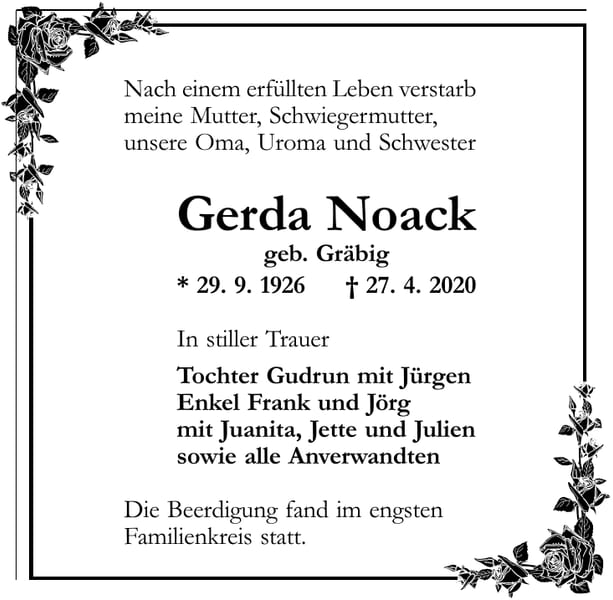 Traueranzeige Gerda Noack, geb. Gräbig