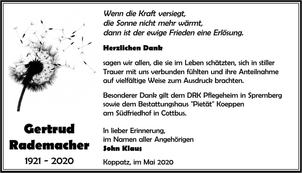 Traueranzeige Gertrud Rademacher