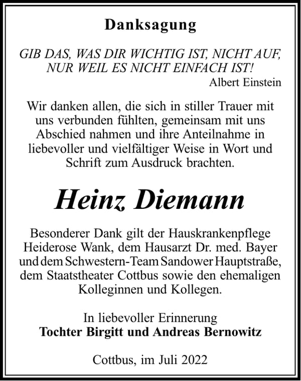 Danksagung Heinz Diemann