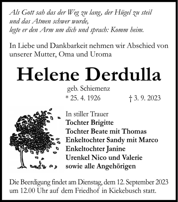 Traueranzeige Helene Derdulla, geb. Schiemenz