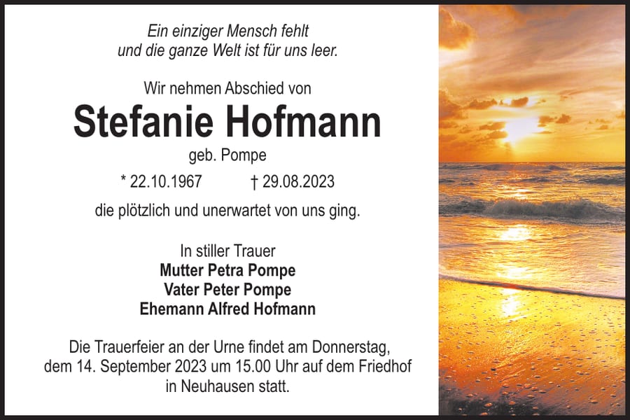 Traueranzeige Stefanie Hofmann, geb. Pompe