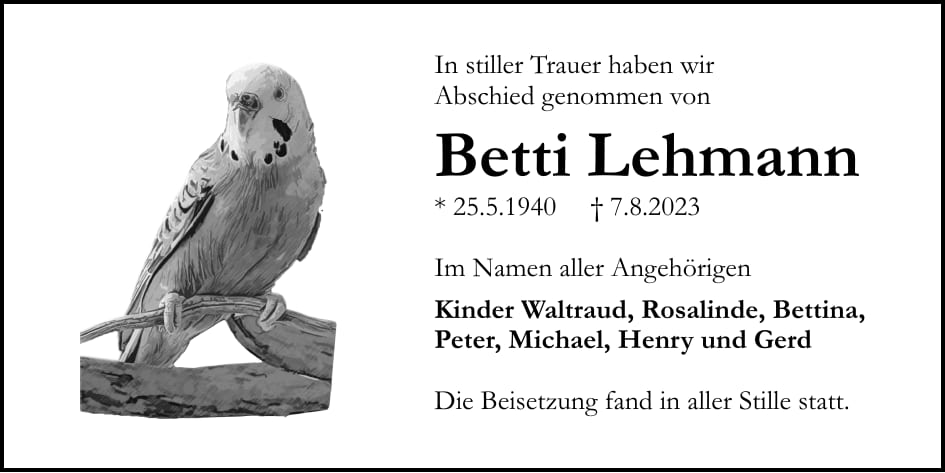 Traueranzeige Betti Lehmann