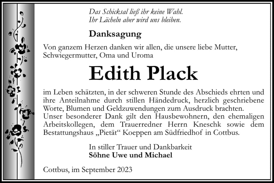 Danksagung Edith Plack