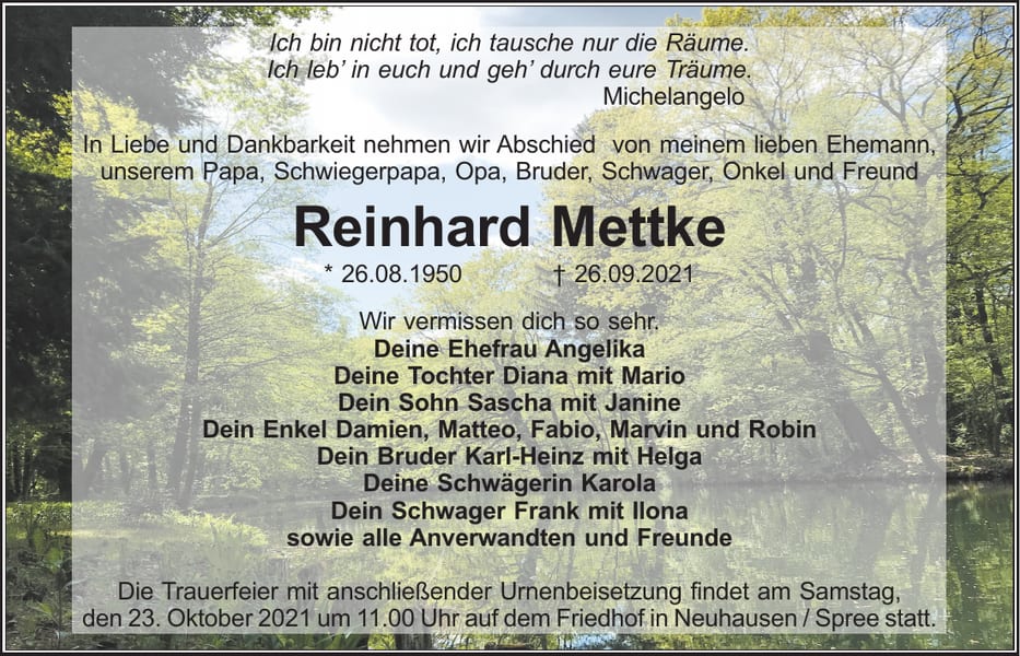 Traueranzeige Reinhard Mettke