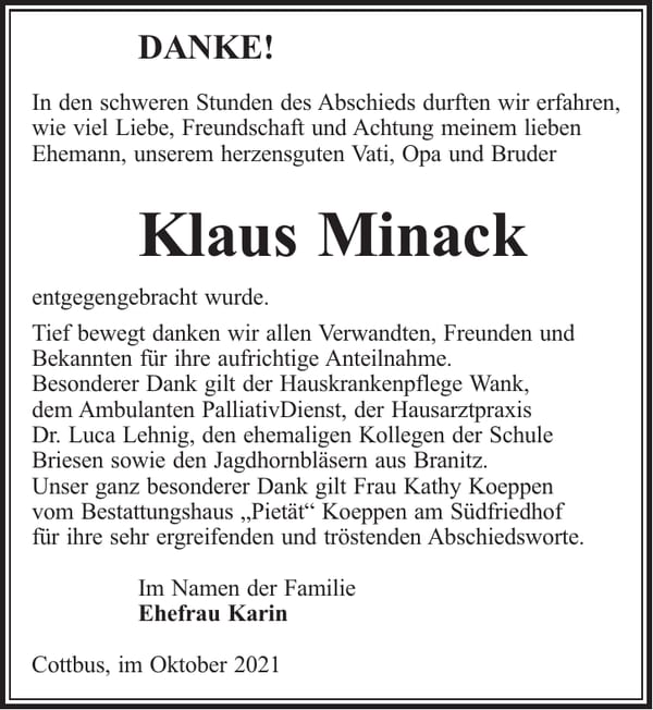 Danksagung Klaus Minack