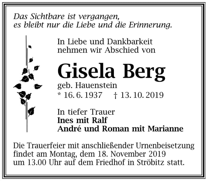 Traueranzeige Gisela Berg, geb. Hauenstein