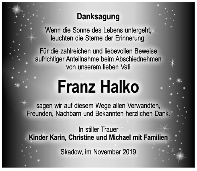 Danksagung Franz Halko