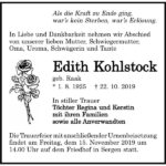 Traueranzeige Edith Kohlstock, geb. Raak