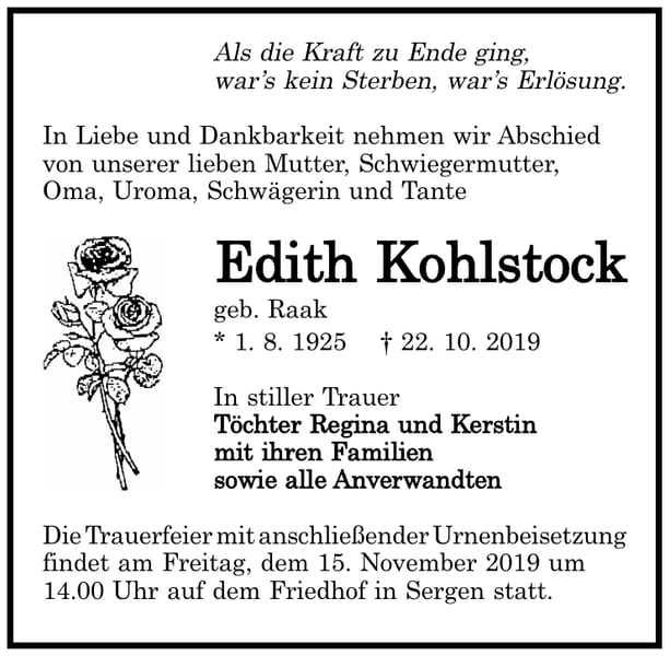 Traueranzeige Edith Kohlstock, geb. Raak