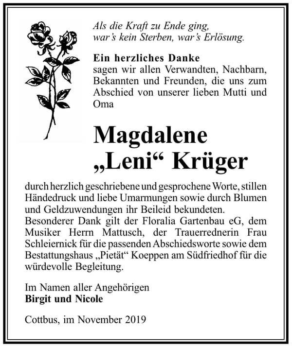 Danksagung Magdalene „Leni“ Krüger