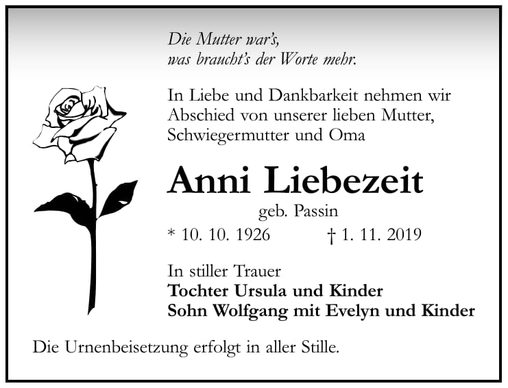Traueranzeige Anni Liebezeit, geb. Passin
