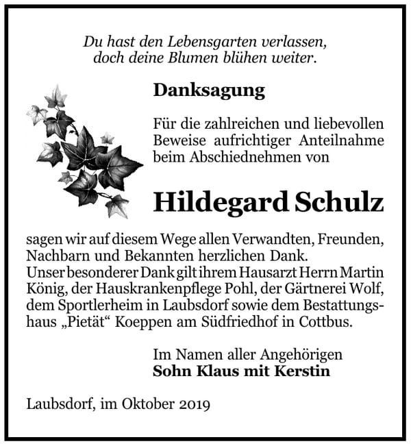 Danksagung Hildegard Schulz