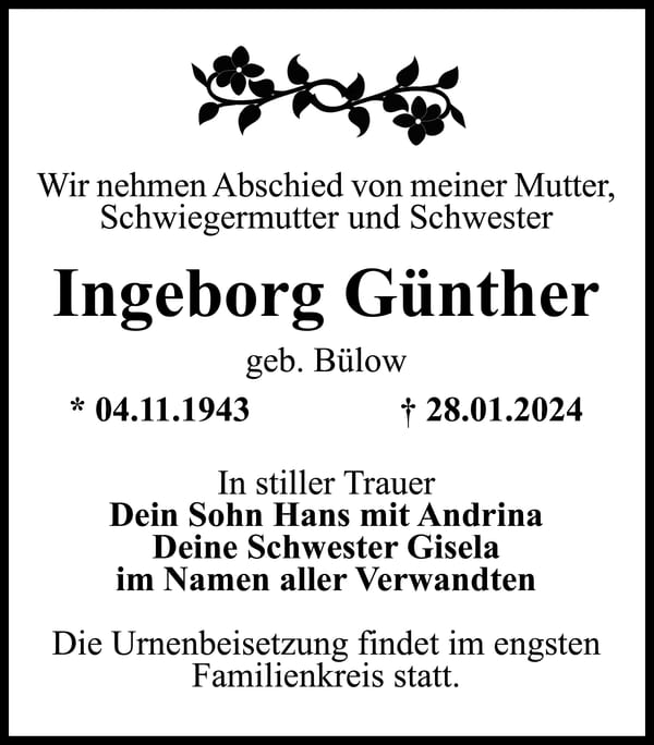 Traueranzeige Ingeborg Günther, geb. Bülow