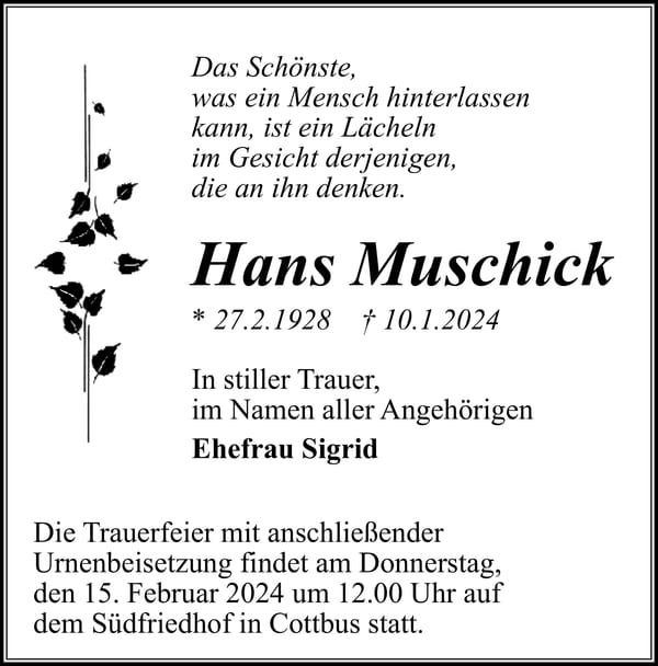 Traueranzeige Hans Muschick