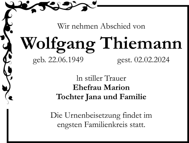 Traueranzeige Wolfgang Thiemann