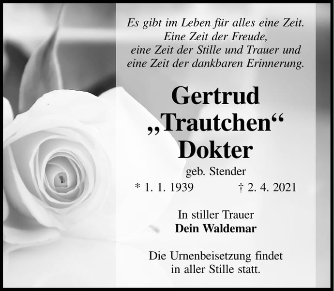 Traueranzeige Gertrud „Trautchen“ Dokter, geb. Stender