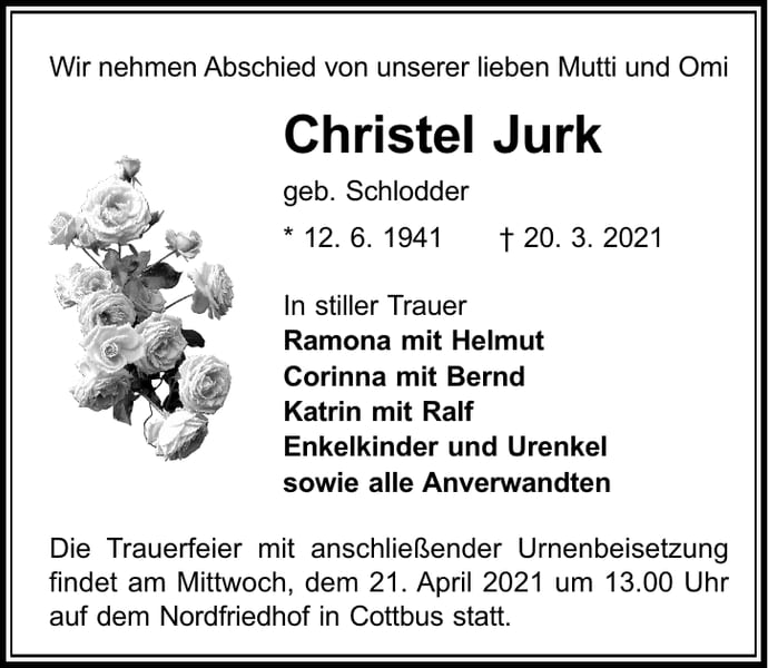 Traueranzeige ChristeI Jurk, geb. Schlodder