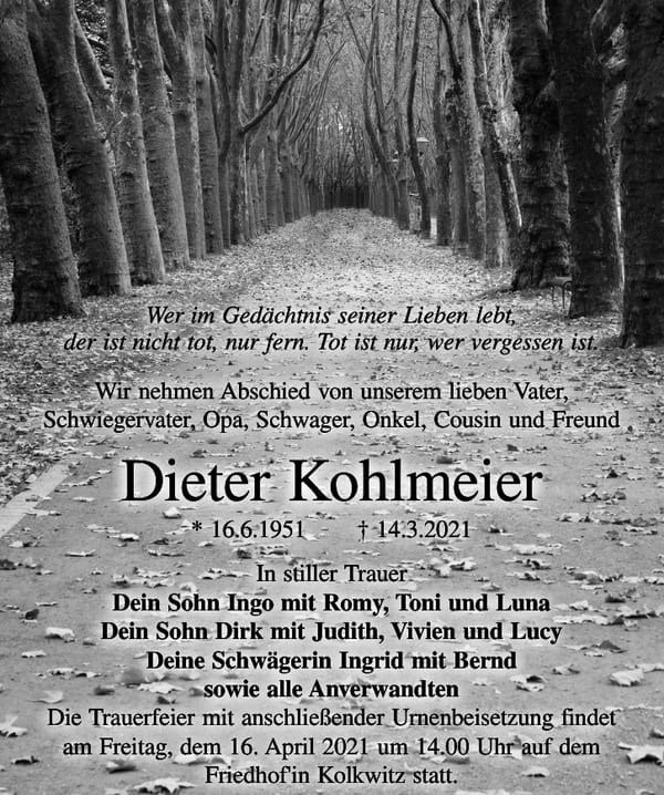 Traueranzeige Dieter Kohlmeier
