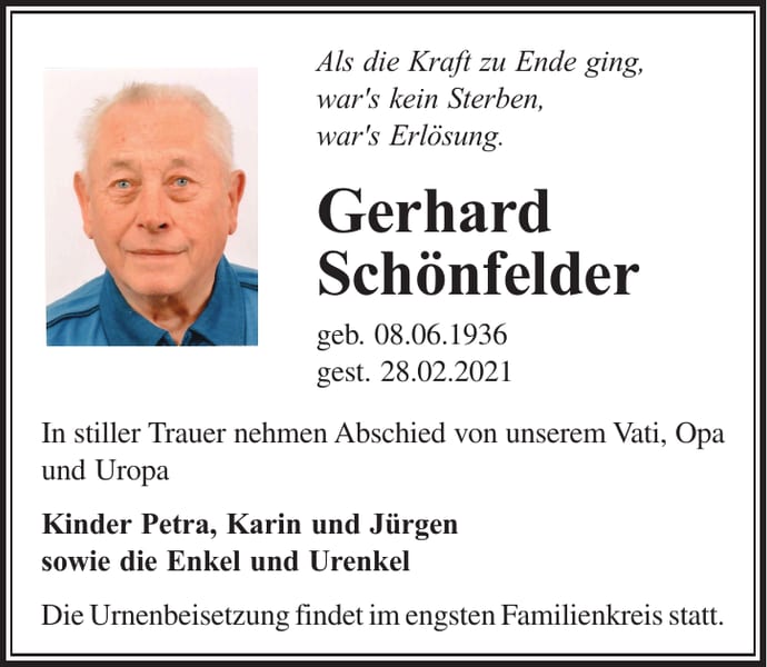 Traueranzeige Gerhard Schönfelder