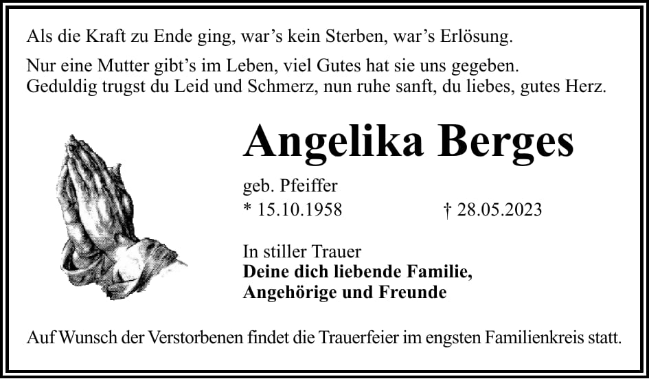Traueranzeige Angelika Berges, geb. Pfeiffer