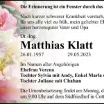 Traueranzeige Dr.-Ing. Matthias Klatt