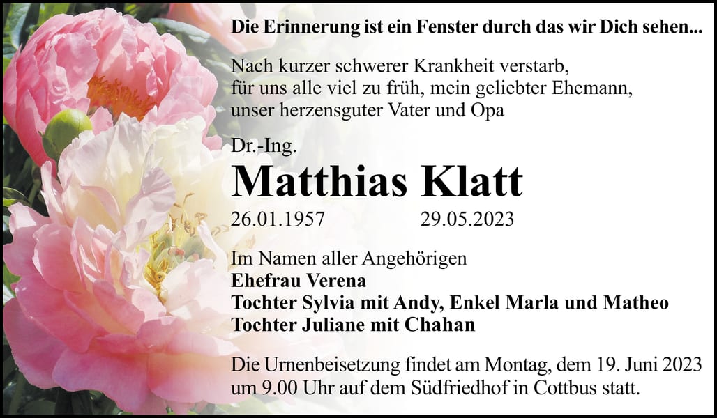 Traueranzeige Dr.-Ing. Matthias Klatt