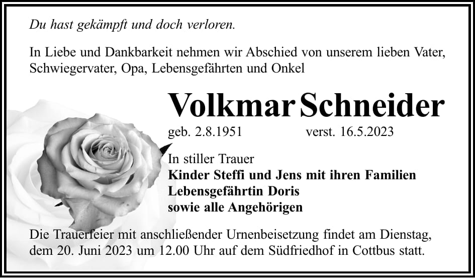 Traueranzeige Volkmar Schneider