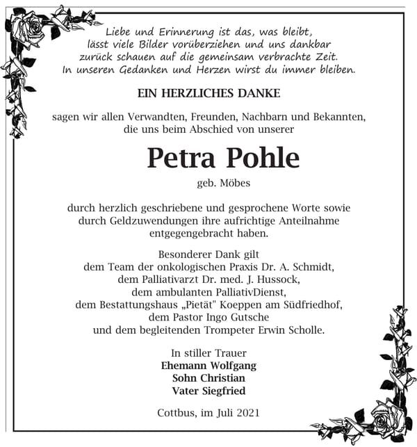 Danksagung Petra Pohle, geb. Möbes
