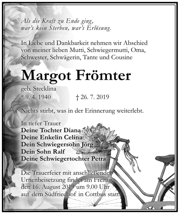 Traueranzeige Margot Frömter, geb. Stecklina