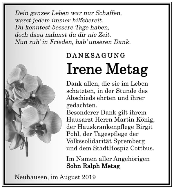 Traueranzeige Irene Metag