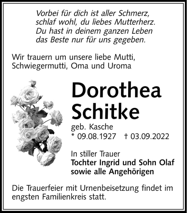 Traueranzeige Dorothea Schitke, geb. Kasche