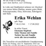 Traueranzeige Erika Wehlan, geb. Sepp