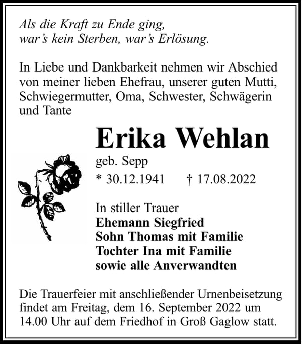 Traueranzeige Erika Wehlan, geb. Sepp