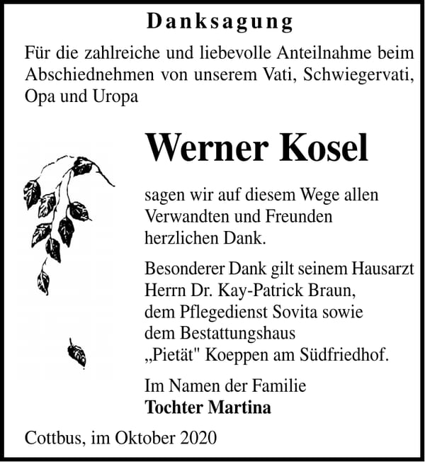 Danksagung Werner Kosel
