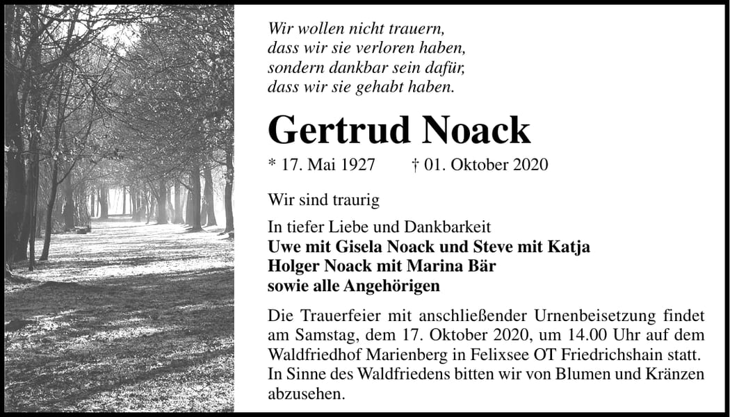 Traueranzeige Gertrud Noack