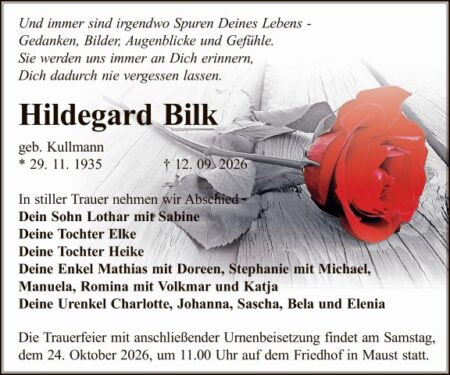 Traueranzeige Hildegard Bilk, geb. Kullmann