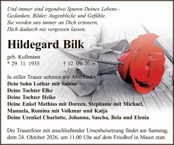 Traueranzeige Hildegard Bilk, geb. Kullmann
