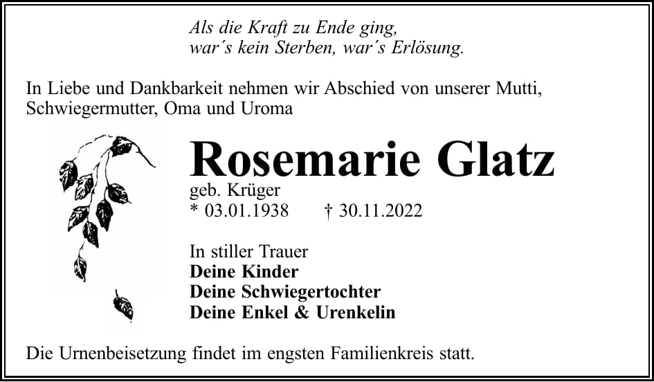 Traueranzeige Rosemarie Glatz, geb. Krüger