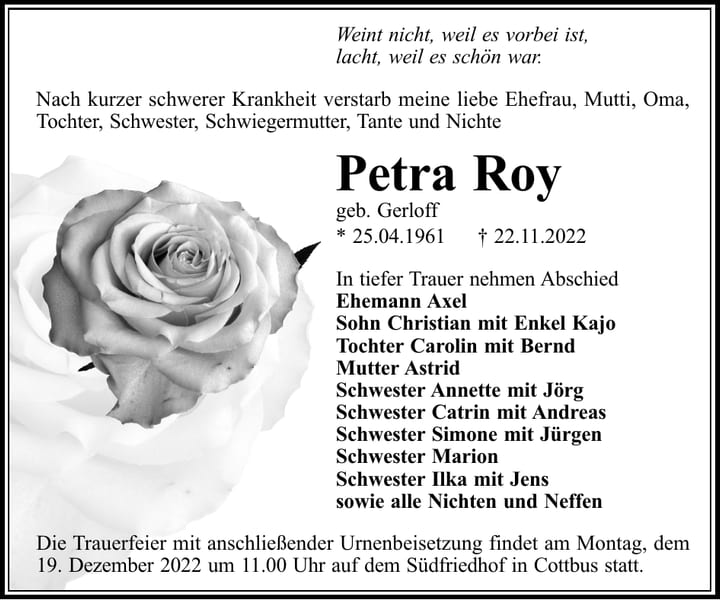 Traueranzeige Petra Roy, geb. Gerloff