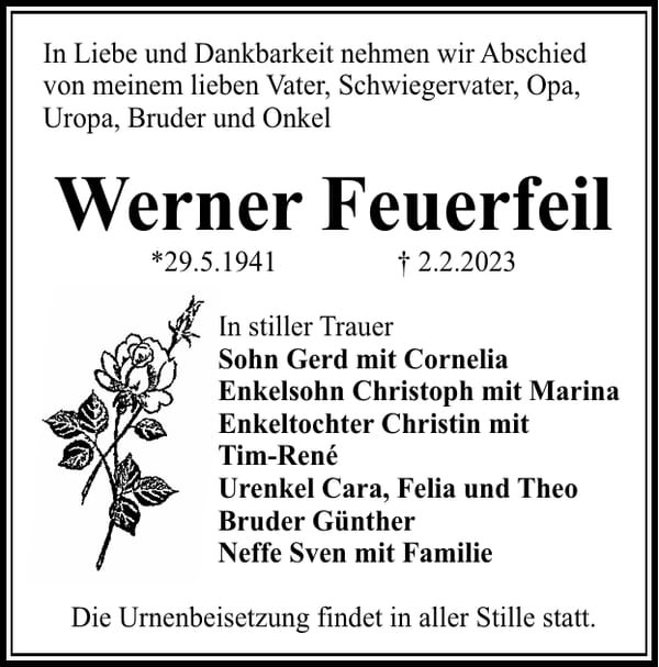 Traueranzeige Werner Feuerfeil