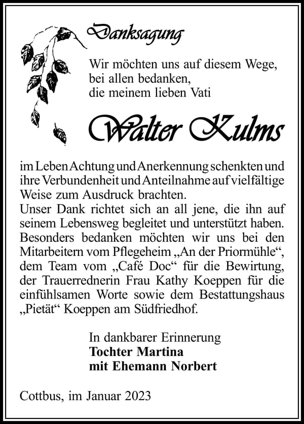 Danksagung Walter Kulms