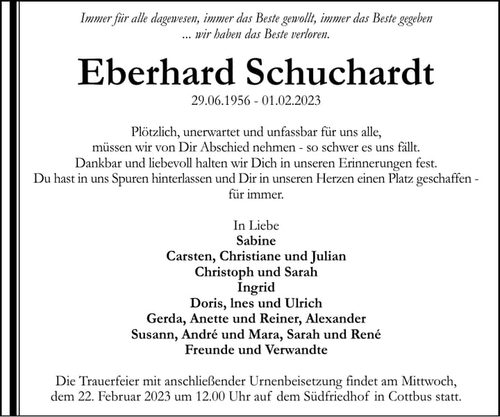 Traueranzeige Eberhard Schuchardt