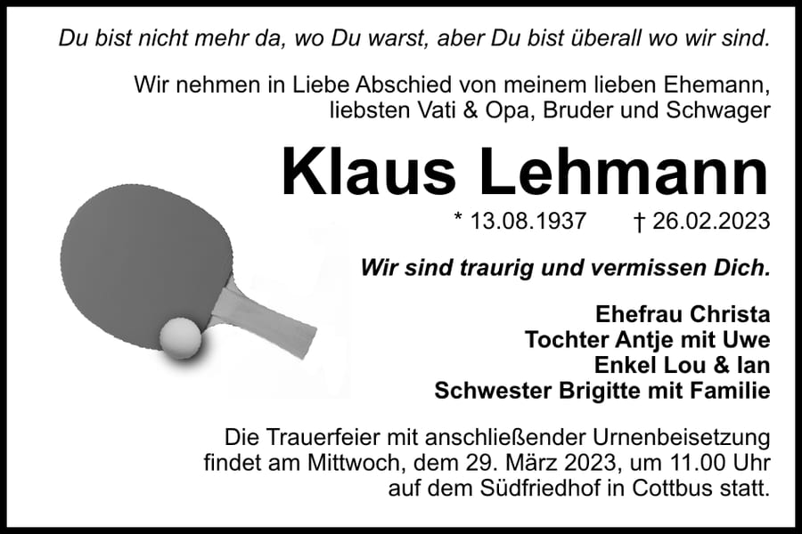 Traueranzeige Klaus Lehmann