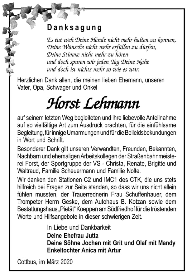 Danksagung Horst Lehmann