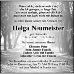 Traueranzeige Helga Neumeister, geb. Reinschke
