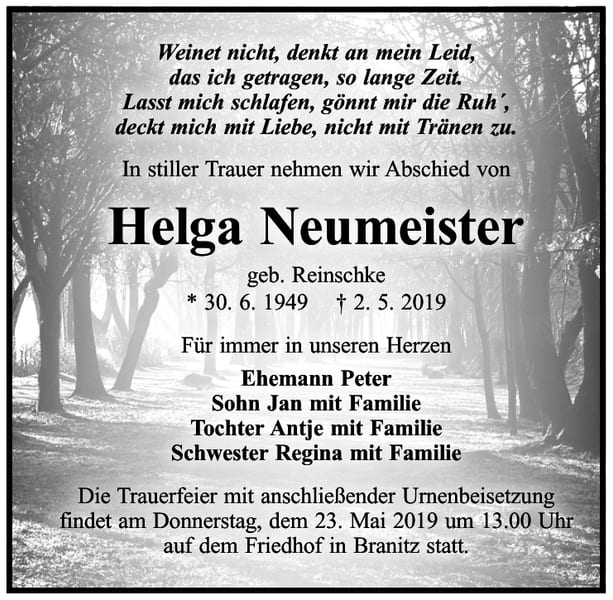 Traueranzeige Helga Neumeister, geb. Reinschke