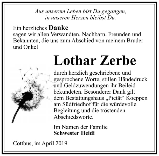 Danksagung Lothar Zerbe